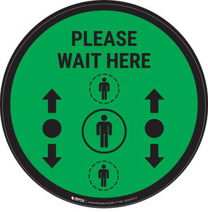 Please Wait Here With Social Distance Dots Green - Circular - Floor Sign