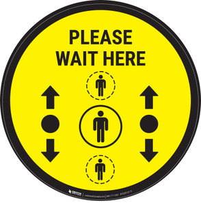 Please Wait Here With Social Distance Dots Yellow - Circular - Floor Sign