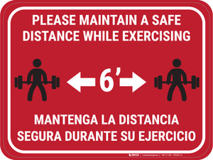 Maintain Safe Distance While Exercising Bilingual Spanish Red - Rectangular - Floor Sign