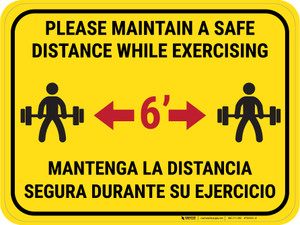 Maintain Safe Distance While Exercising Bilingual Yellow - Rectangular - Floor Sign