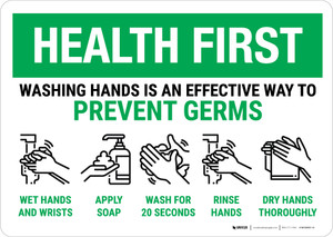 Health First: Prevent Germs How To Wash Hands Landscape - Wall Sign