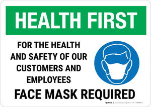 Health First: For The Health And Safety Face Mask Landscape - Wall Sign