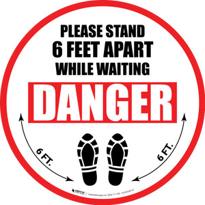 Please Stand 6 Feet Apart While Waiting Danger Shoe Prints - Circular - Floor Sign