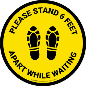 Please Stand 6 Feet Apart While Waiting Shoe Prints Yellow - Circular - Floor Sign