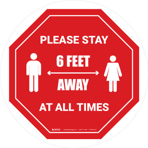 Please Stay 6 Feet Away At All Times With Icon Stop - Circular - Floor Sign
