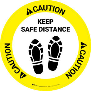 Caution: Keep Safe Distance Shoe Prints Circular - Floor Sign