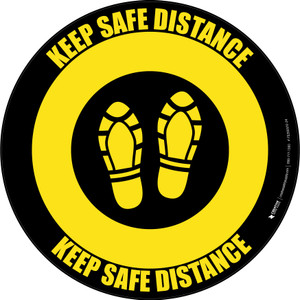 Keep Safe Distance Shoe Prints Yellow Black Circular - Floor Sign