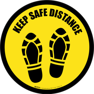 Keep Safe Distance Shoe Prints Yellow Border Circular - Floor Sign