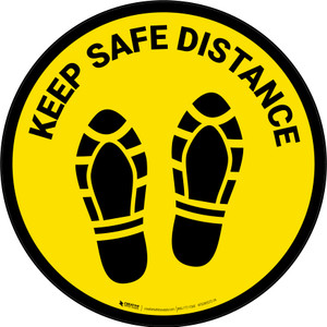 Keep Safe Distance Shoe Prints Yellow Circular - Floor Sign