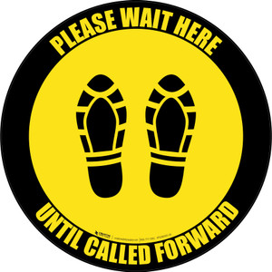 Please Wait Here Until Called Forward Shoe Prints Black Border Circular - Floor Sign