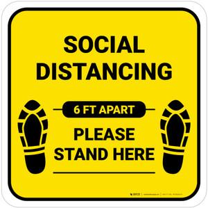 Social Distancing Please Stand Here 6 Ft Apart Shoe Prints Yellow Square - Floor Sign