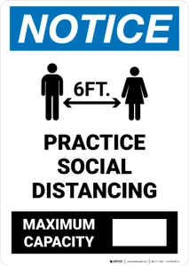 Notice: Practice Social Distancing - Max Capacity with Icons Portrait - Wall Sign