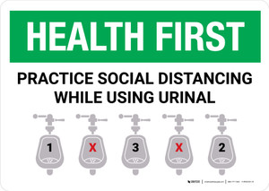 Health First: Practice Social Distancing While Using Urinal with Icon Landscape - Wall Sign