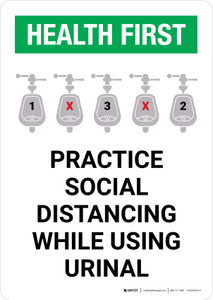 Health First: Practice Social Distancing While Using Urinal with Icon Portrait - Wall Sign