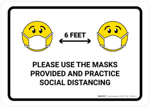 Please Use Masks Provided And Practice Social Distancing with Emojis Landscape - Wall Sign