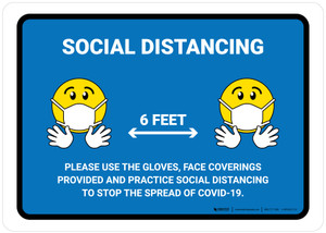 Social Distancing Please Use Face Coverings/Gloves with Emojis Blue Landscape - Wall Sign