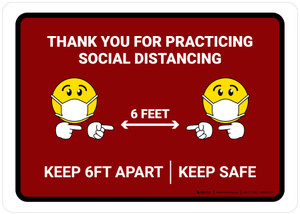Thank You For Practicing Social Distancing with Emojis Red Landscape - Wall Sign