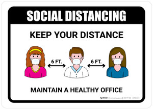 Social Distancing Maintain A Healthy Office with Icons Landscape - Wall Sign