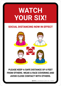 Watch Your Six Social Distancing Now In Effect with Icons Portrait - Wall Sign