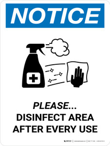 Notice: Please Disinfect Area with Icon Portrait - Wall Sign