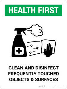 Health First: Clean And Disinfect Frequently with Icon Portrait - Wall Sign