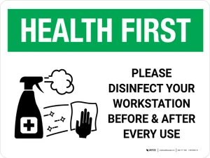 Health First: Please Disinfect Workstation with Icon Landscape - Wall Sign