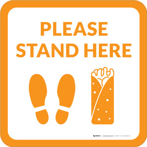 Please Stand Here with Burrito and Shoe Prints Orange Square - Floor Sign