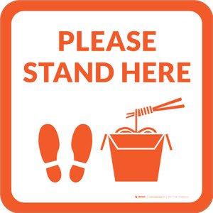Please Stand Here with Noodles and Shoe Prints Orange Square - Floor Sign