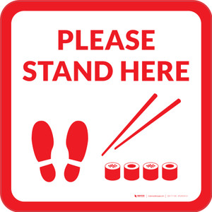 Please Stand Here with Sushi and Shoe Prints Red Square - Floor Sign