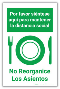 Please Sit Here to Maintain Social Distancing - Do Not Rearrange Seating Spanish - Label