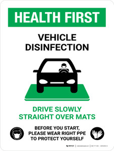 Health First Vehicle Disinfection Wear PPE with Icon Portrait - Wall Sign