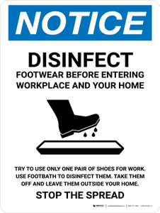 Notice Disinfect Footwear Before Entering with Icon Portrait - Wall Sign