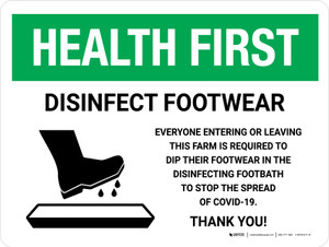 Health First Disinfect Footwear Before Entering with Icon Landscape - Wall Sign