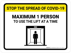 Stop The Spread COVID-19 Max 1 Person To Use Lift with Icon Landscape - Wall Sign Stop The Spread COVID-19 Max 1 Person To Use Lift with Icon Landscape - Wall Sign