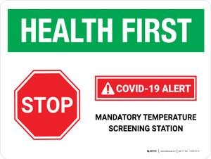 Health First: Stop COVID-19 Mandatory Temperature Screening with Icon Landscape - Wall Sign