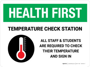 Health First: Temperature Check Station Students with Icon Landscape - Wall Sign