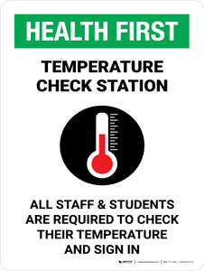Health First: Temperature Check Station Students with Icon Portrait - Wall Sign