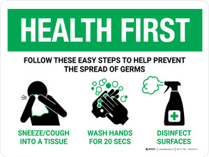 Health First: Steps To Prevent Spread Of Germs with Icons Landscape - Wall Sign