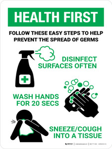 Health First: Steps To Prevent Spread Of Germs with Icons Portrait - Wall Sign