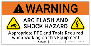 Warning: Arc Flash And Shock Hazard PPE And Tools Required with Icons - Arc Flash Label