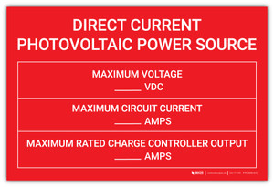 Direct Current Photovoltaic Power Source with Write-Ins - Arc Flash Label