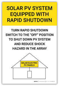 Solar PV System Equipped With Rapid Shutdown Yellow Vertical - Arc Flash Label