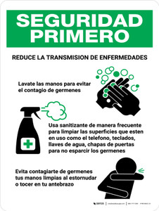 Safety First Reduce La Transmision De Enfermedades Spanish with Icons Portrait - Wall Sign