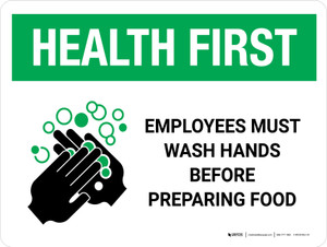 Health First Portrait Employees Wash Hands Before Preparing Food with Icon Landscape - Wall Sign