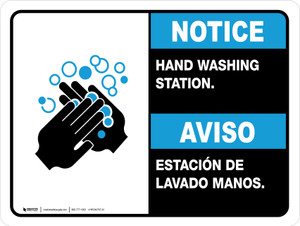 Notice Hand Washing Station Bilingual with Icon ANSI Landscape - Wall Sign