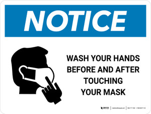 Notice Wash Hands Before & After Touching Mask with Icon Landscape - Wall Sign