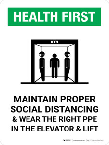 Health First: Social Distancing & PPE In Elevator with Icon Portrait - Wall Sign Health First: Social Distancing & PPE In Elevator with Icon Portrait - Wall Sign
