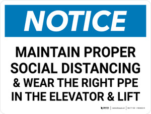 Notice: Social Distancing & PPE In Elevator Landscape - Wall Sign