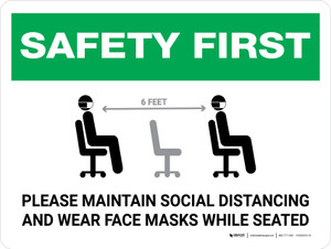 Safety First: Maintain Social Distancing Wear Face Masks While Seated with Icon Landscape - Wall Sign