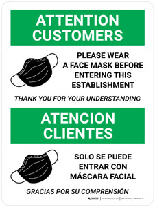 Attention Customers: Please Wear a Face Mask Before Entering Spanish Bilingual Wall Sign